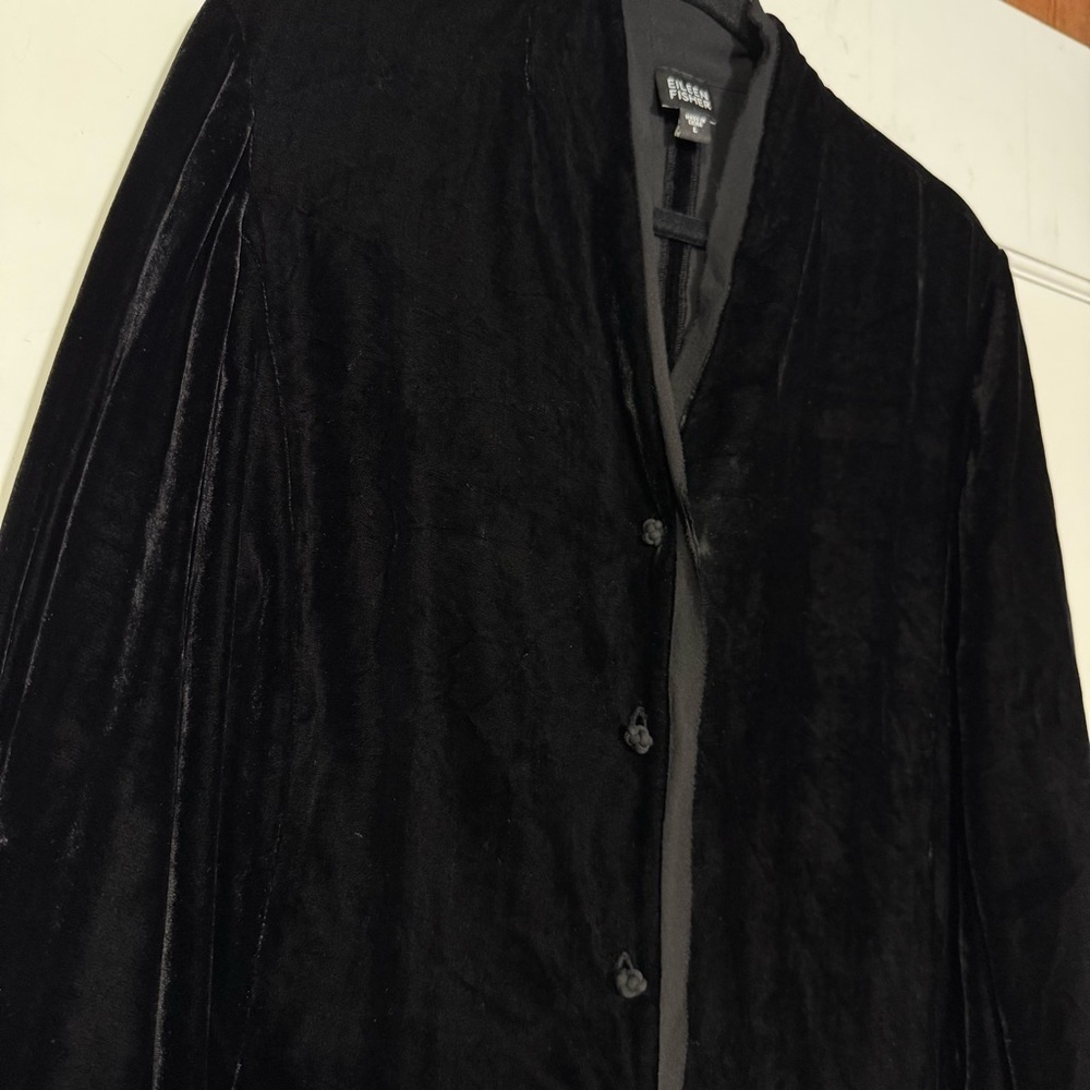 Eileen Fisher Velvet Button Up Jacket Long Sleeve Black Size Large Silk Top - Picture 3 of 14